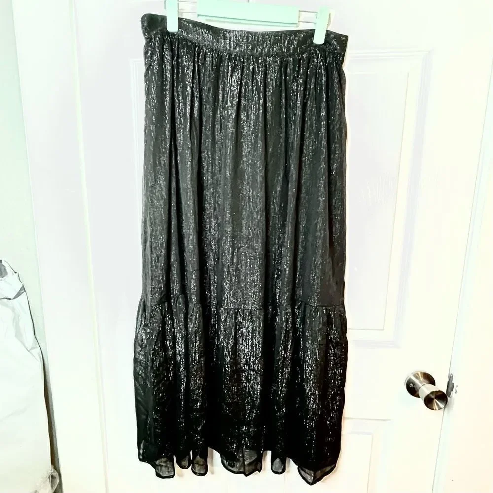 Modcloth Shimmering Rainfall Metallic Midi Skirt Tier Aline Black AU 12 US 8 NWT
